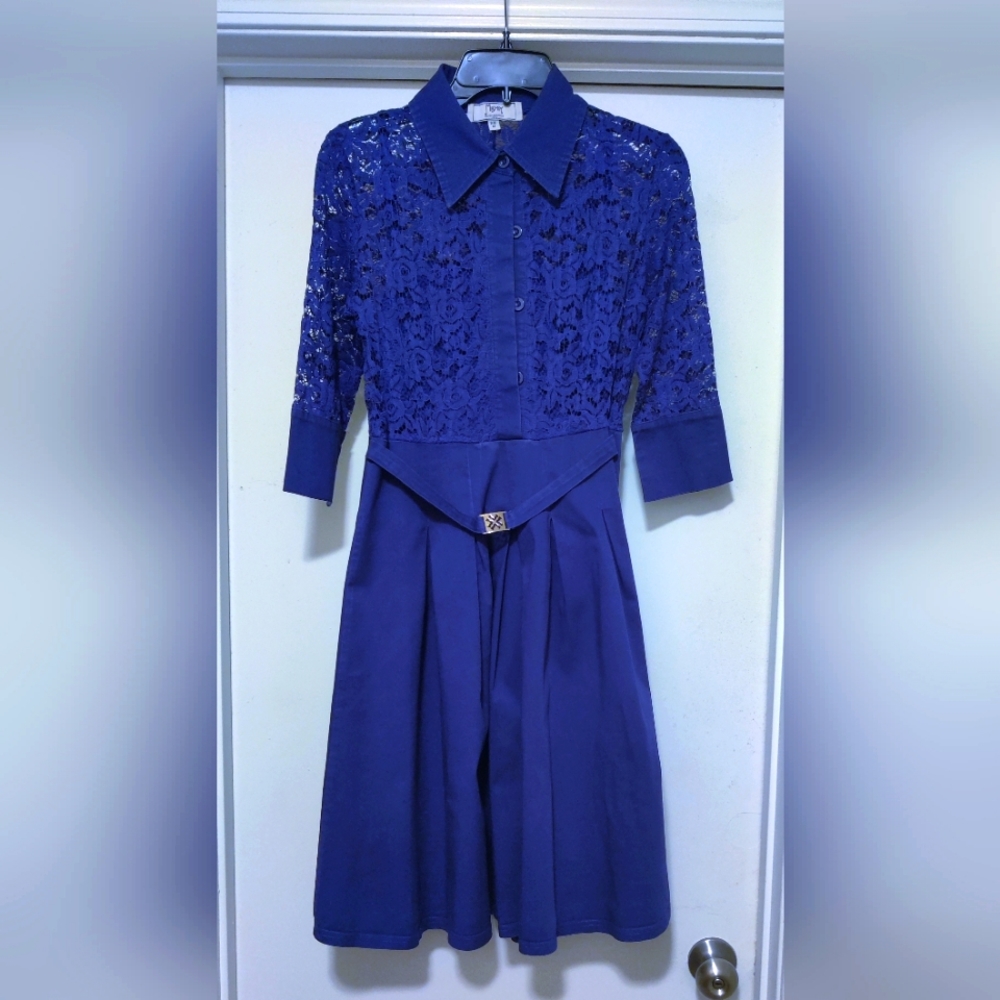 Blue 3/4 Sleeve Flare Vintage Midi Lace Dress